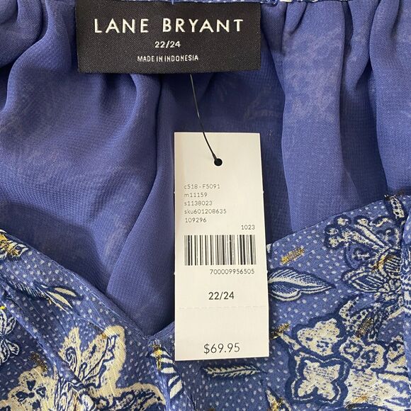 NWT Lane Bryant Blue Paisley Lurex Ruffle V Neck Chiffon Plus Blouse Lined 22/24 - Picture 4 of 12